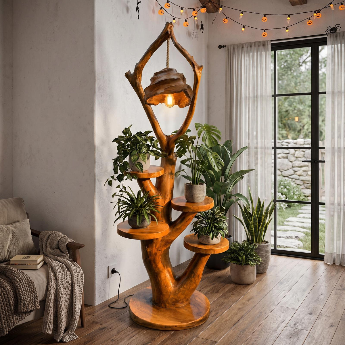 Modern Halloween Multi Tier Plant Stand With Sculptural Branch Shelves For Sunroom