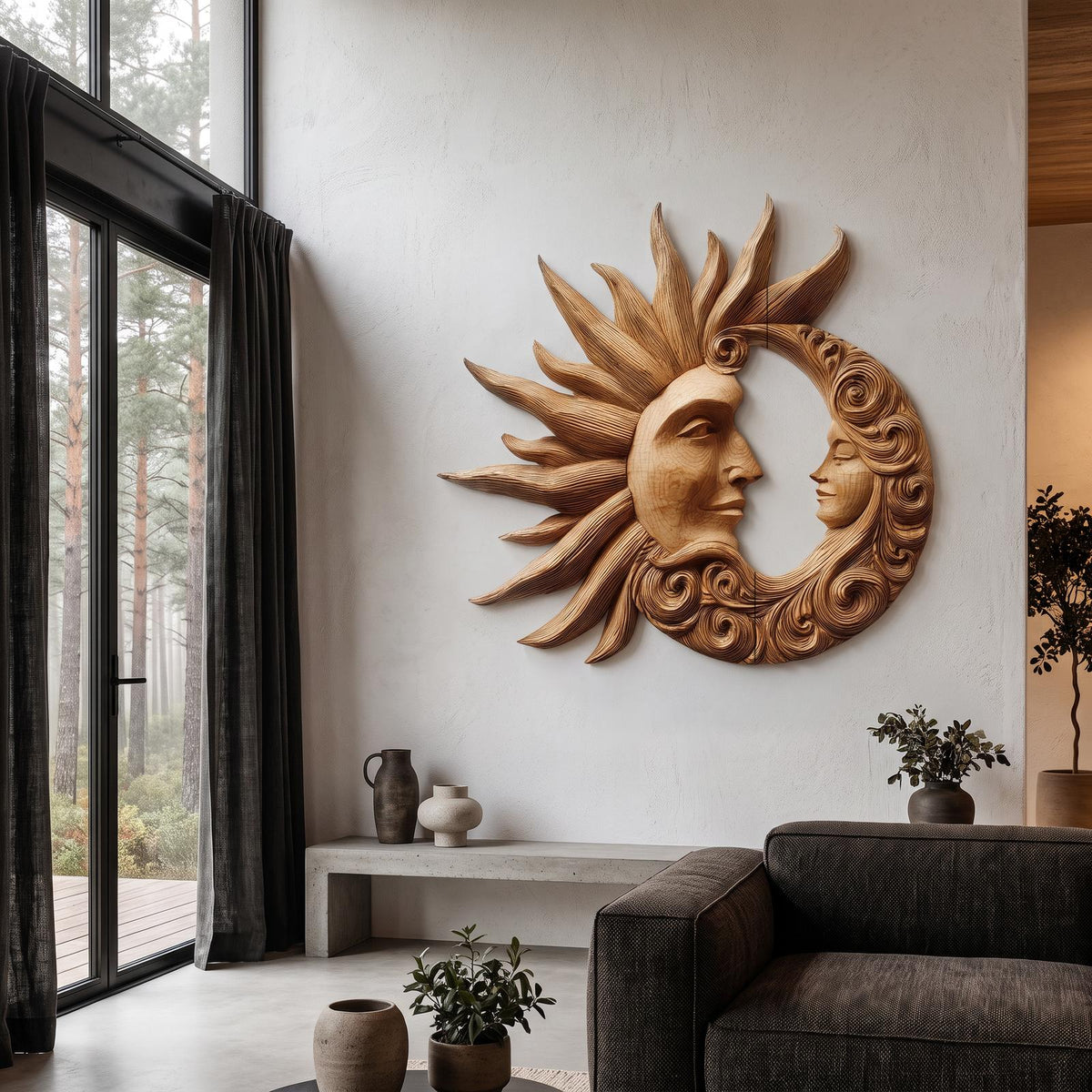 Organic Wood Wall Art With Carved Sun And Moon Design For Living Room And Bedroom