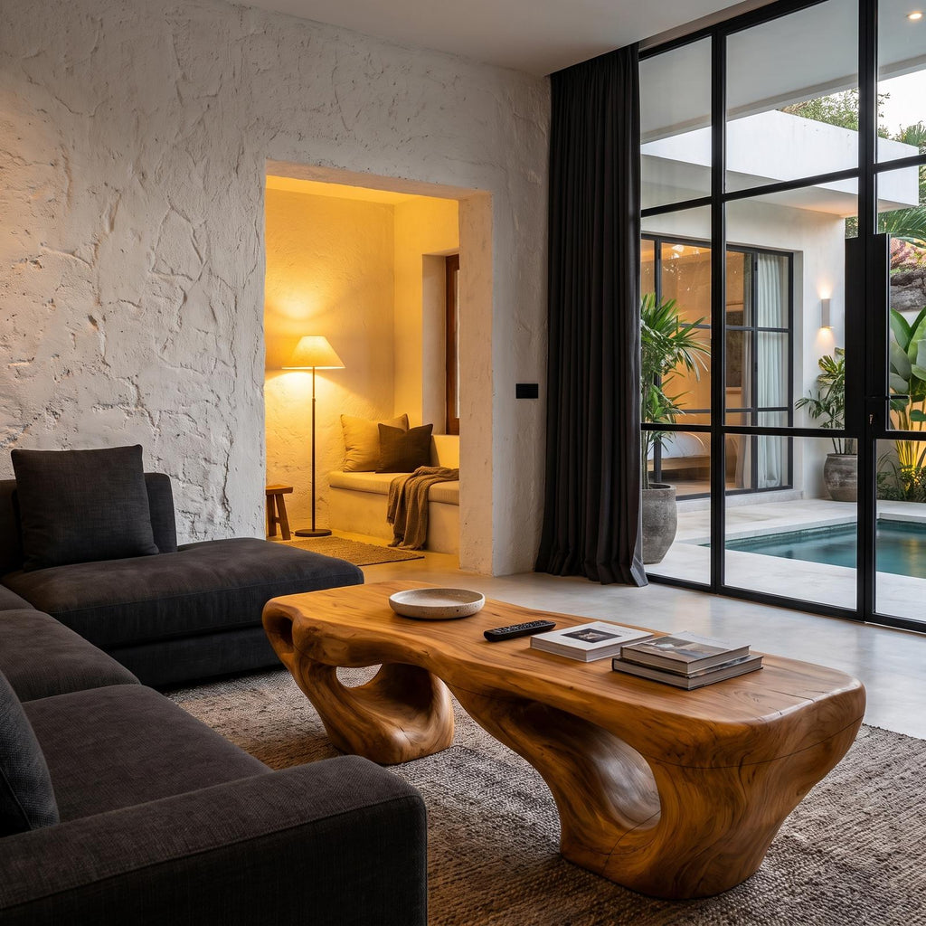 Natural Coffee Table With Carved Tree Stump Form For Living Room And Sitting Room