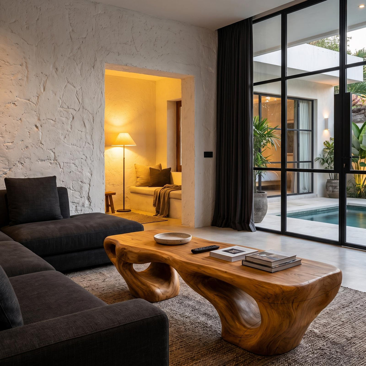 Natural Coffee Table With Carved Tree Stump Form For Living Room And Sitting Room