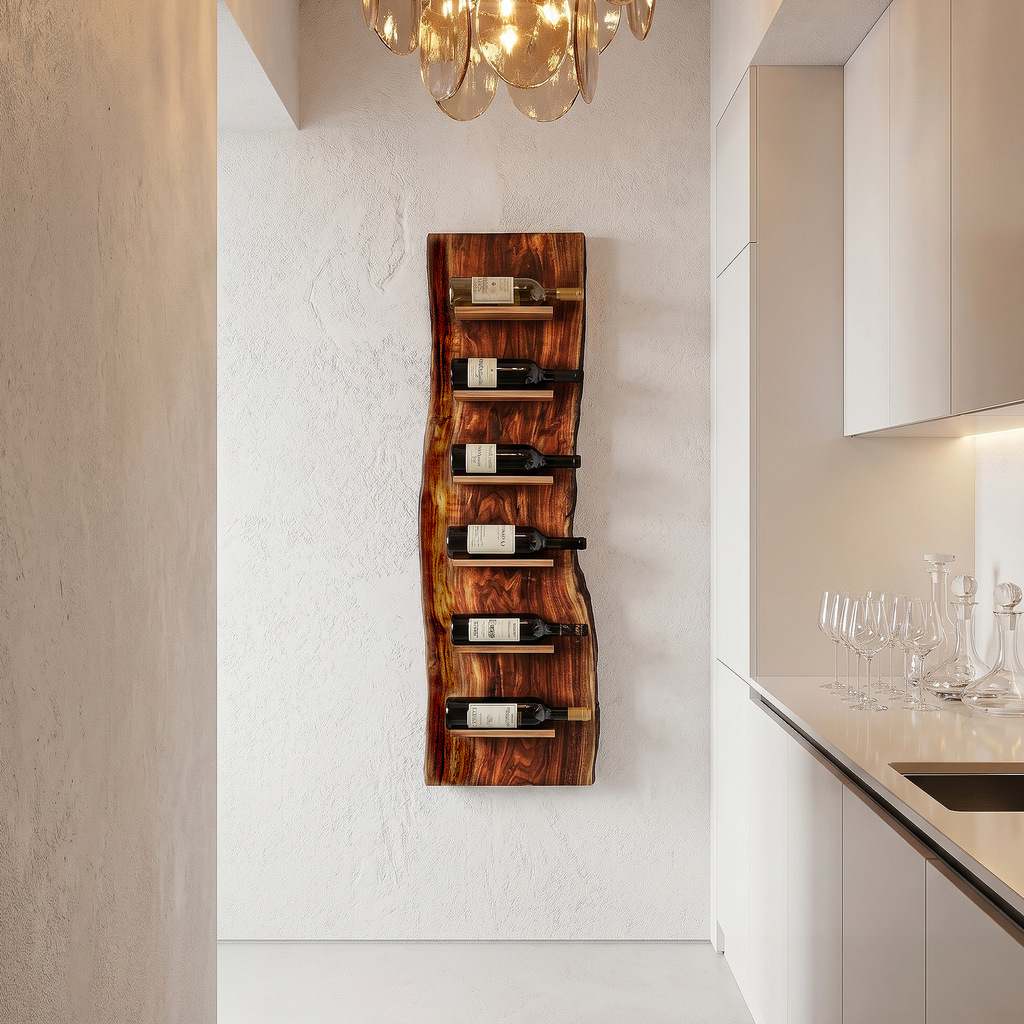 Organic Wall Mounted Wine Rack, Handcrafted Natural Wood Hanging Bottle Holder for Kitchen & Bar
