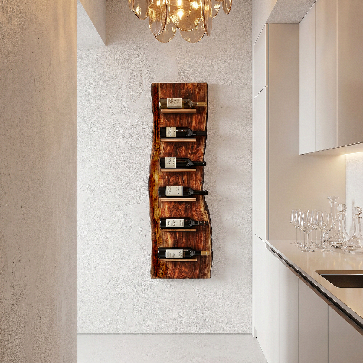 Organic Wall Mounted Wine Rack, Handcrafted Natural Wood Hanging Bottle Holder for Kitchen & Bar