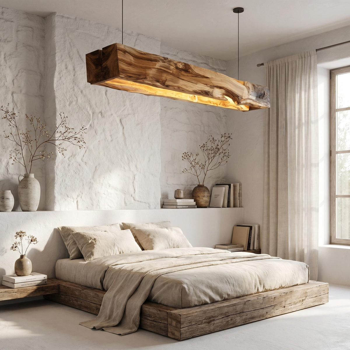 Organic Modern Pendant Light, Sculptural Wood Beam Hanging Ceiling Fixture for Kitchen Island & Living Room, Model