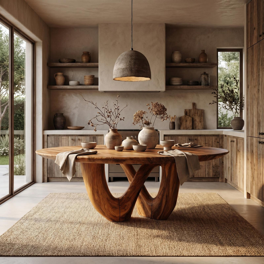 Sculptural Double Curved Base Dining Table, Handcrafted Solid Wood Dining Room & Kitchen Statement Table