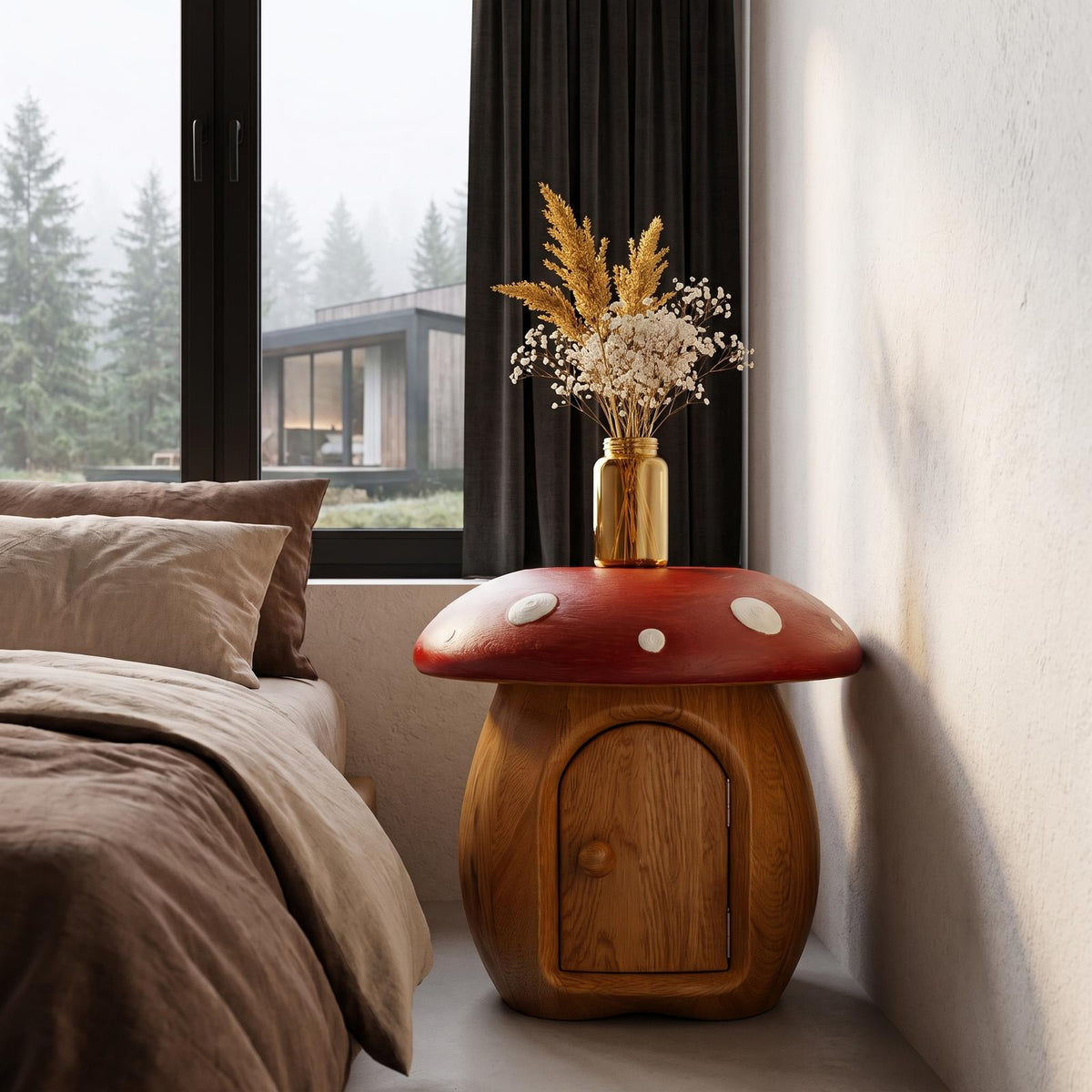 Whimsical Mushroom Bedside Table With Solid Wood Storage For Bedroom SINLHANS292