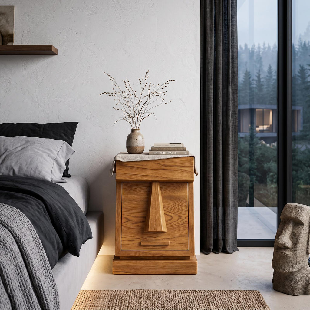 Rustic Solid Wood Bedside Table With Geometric Wooden Door SINLHANS294