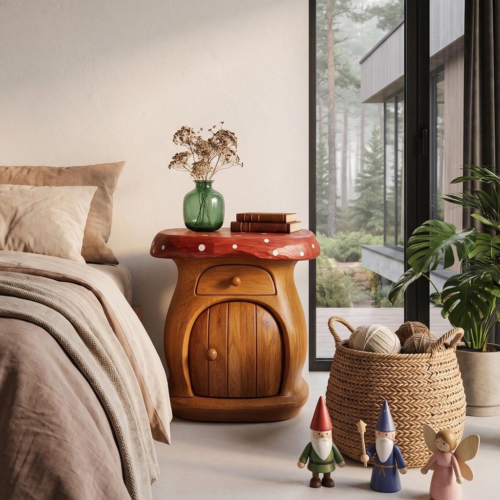 Modern Mushroom Bedside Table With Wooden Storage Door