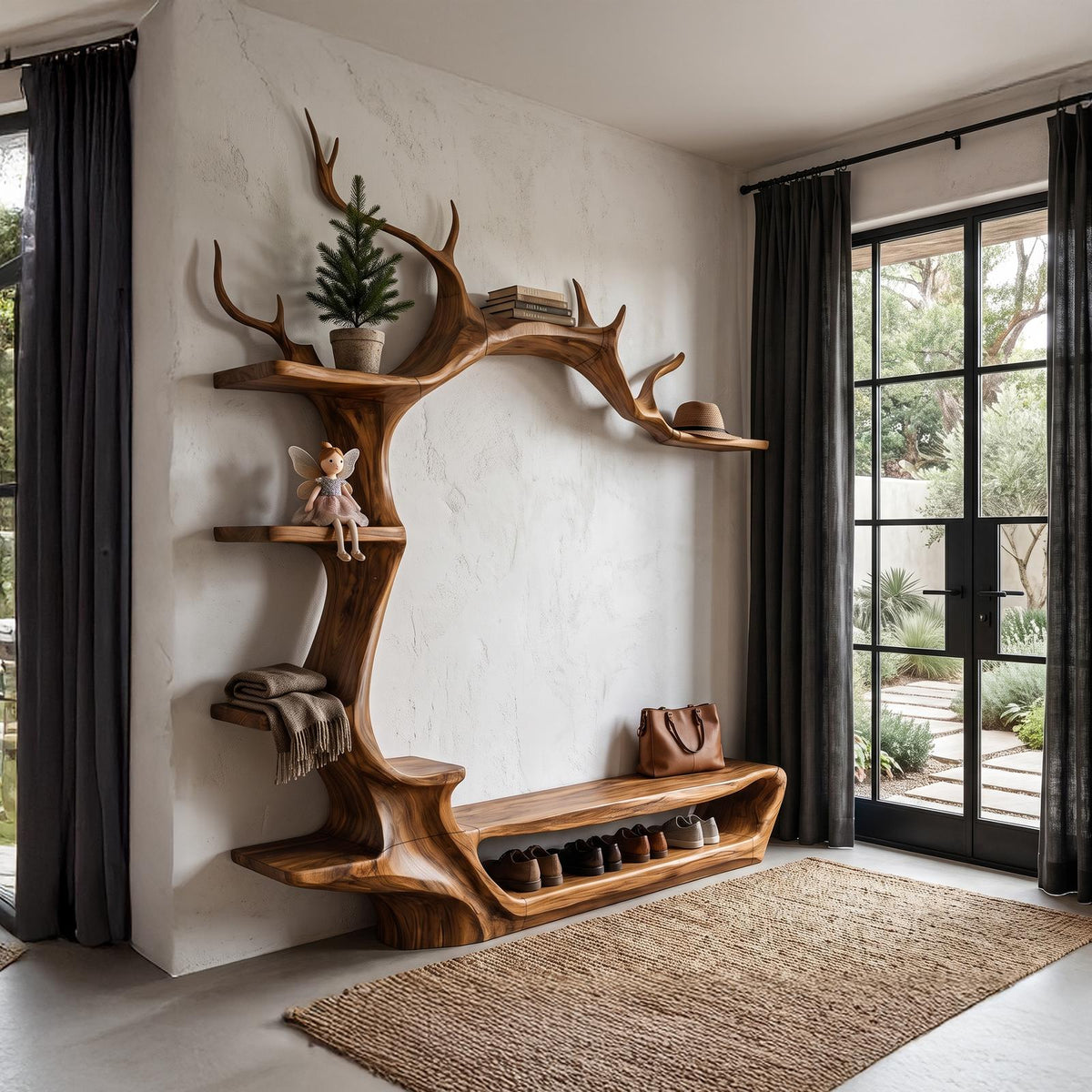 Rustic Tree Shoe Bench Wall Mounted Coat Rack For Entryway Hallway