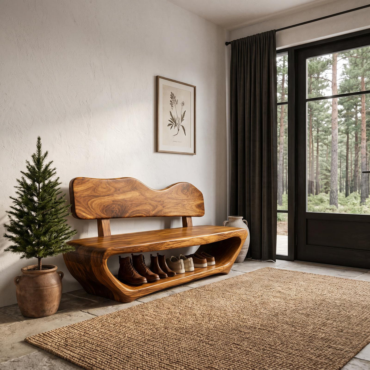 Rustic Sculptural Shoe Bench Organic Live Edge Design For Entryway Hallway