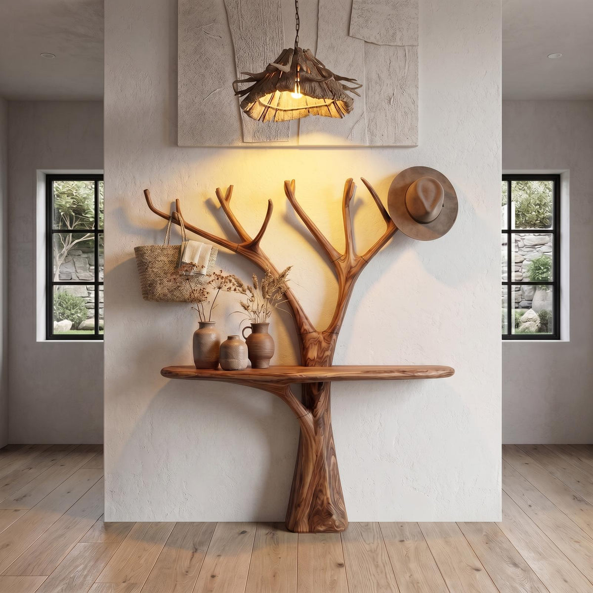 Rustic Organic Wooden Console Table, Live Edge Hallway Entryway Table with Tree Branch Base, Model