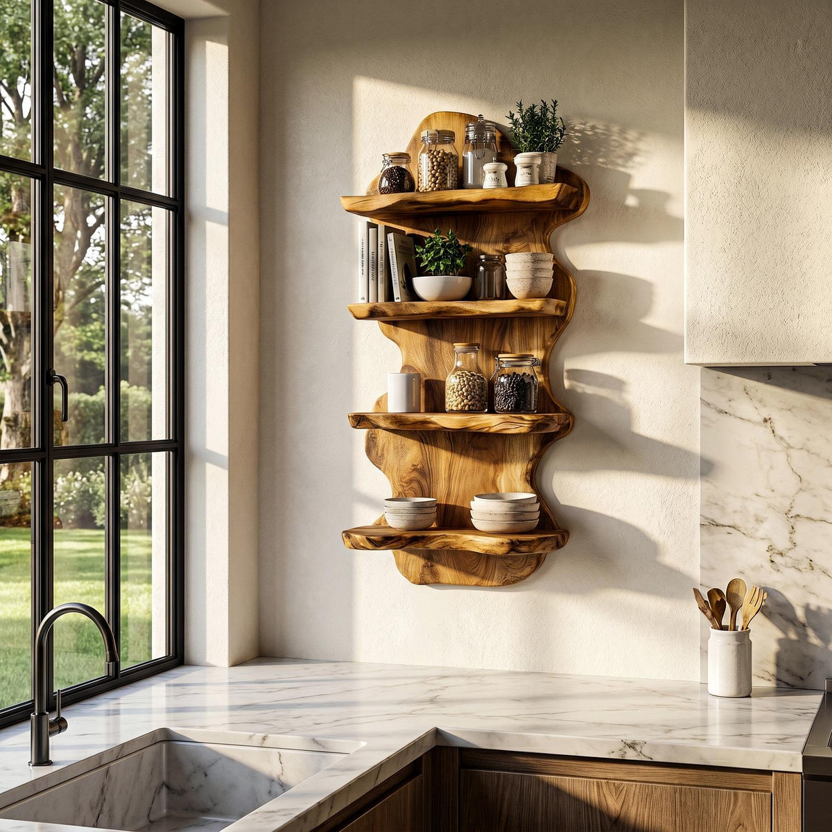 Sculptural Floating Shelf With Organic Wooden Form For Living Room And Kitchen