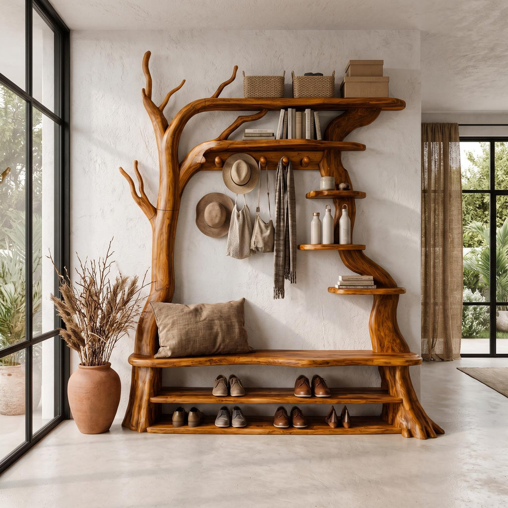 Rustic Tree Shoe Bench Coat Rack Storage Organizer For Entryway Hallway