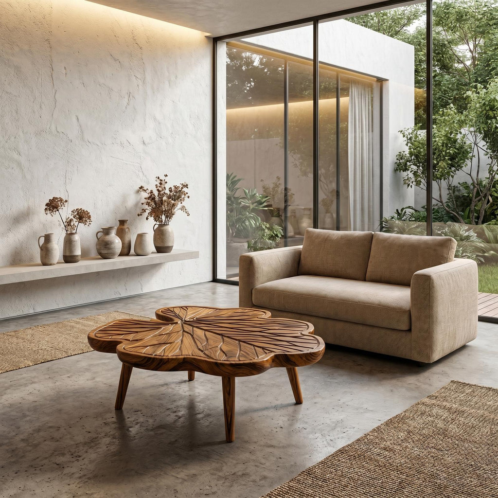 Rustic Leaf Coffee Table, Hand Carved Solid Wood Botanical Shaped Cocktail Center Table for Living Room