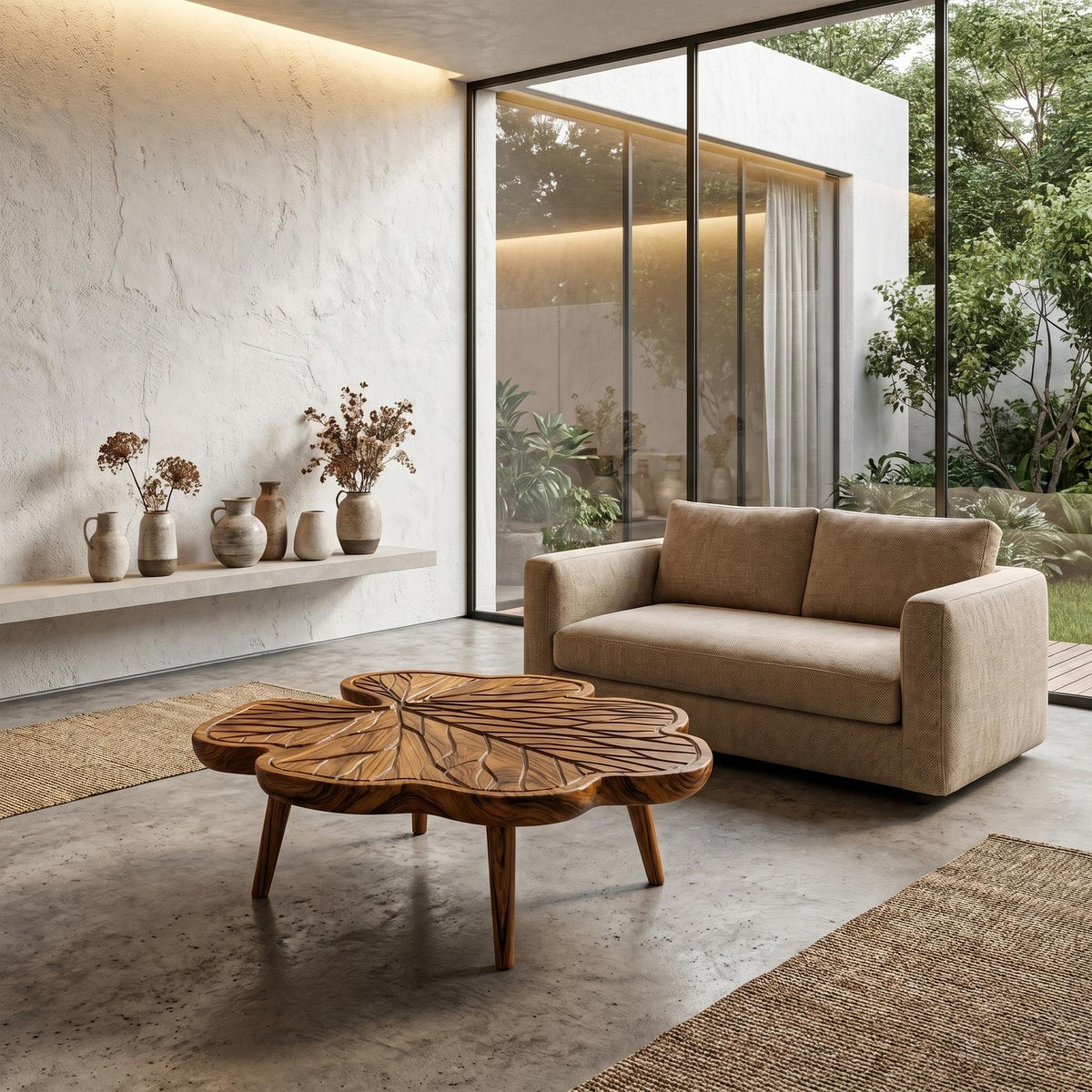 Rustic Leaf Coffee Table, Hand Carved Solid Wood Botanical Shaped Cocktail Center Table for Living Room