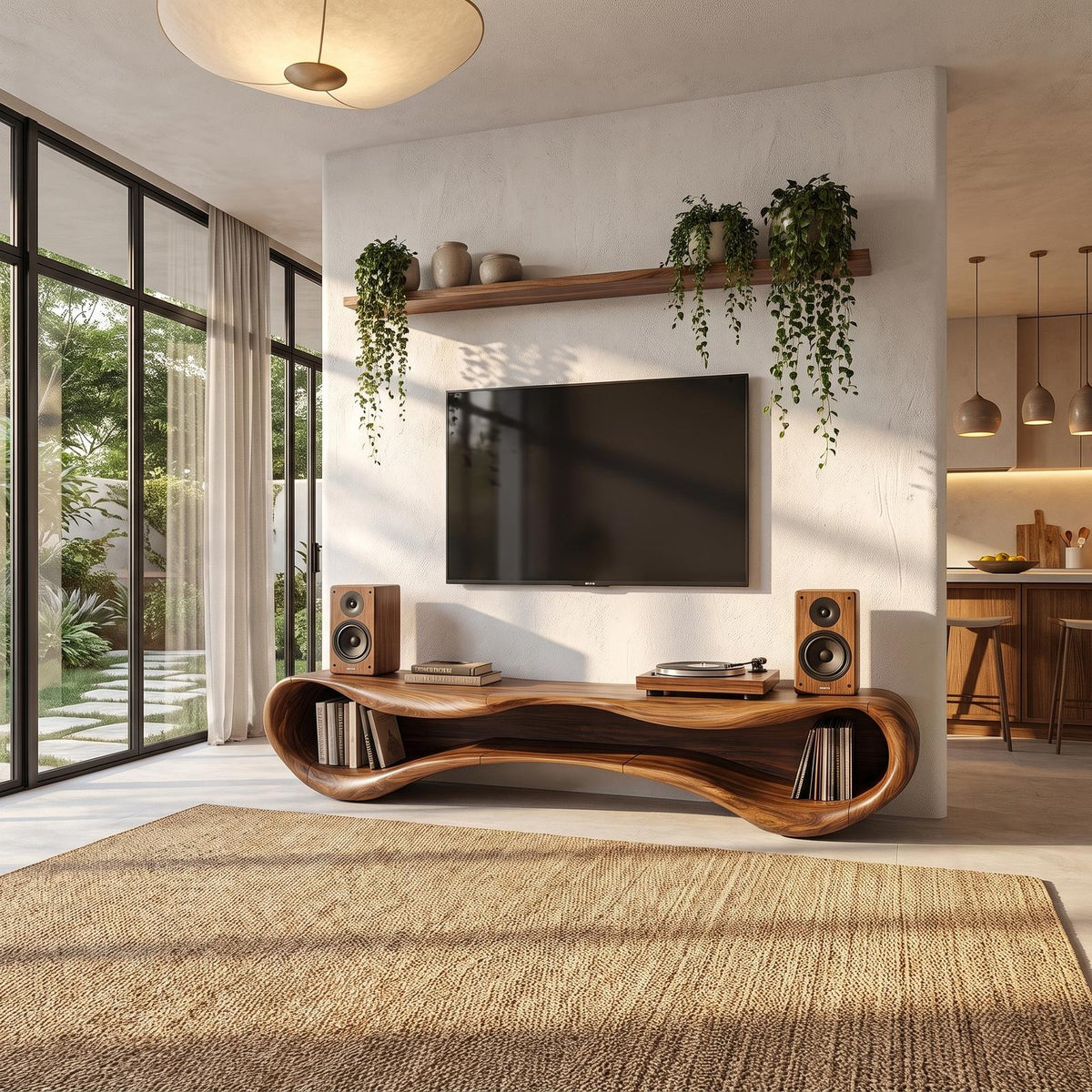 Modern Flowing Base TV Cabinet Wooden Media Unit For Living Room