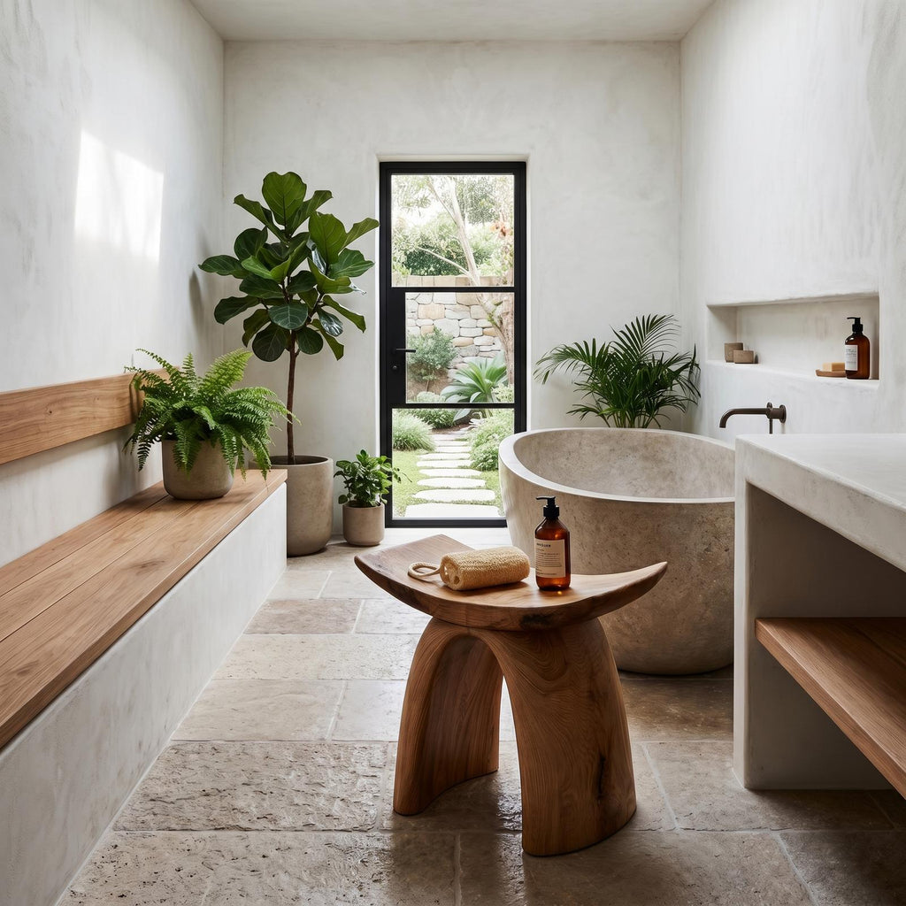 Organic Modern Solid Wood Shower Stool, Sculptural Base Waterproof Bath Seat Bench for Luxury Bathroom Spa