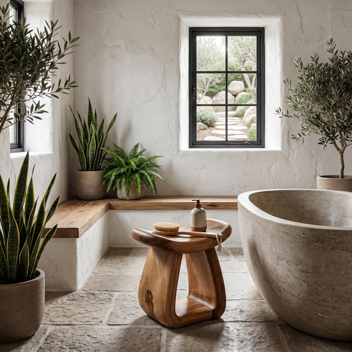 Organic Solid Wood Bath Stool, Handcrafted Pedestal Waterproof Shower Seat for Bathroom Spa and Vanity Decor