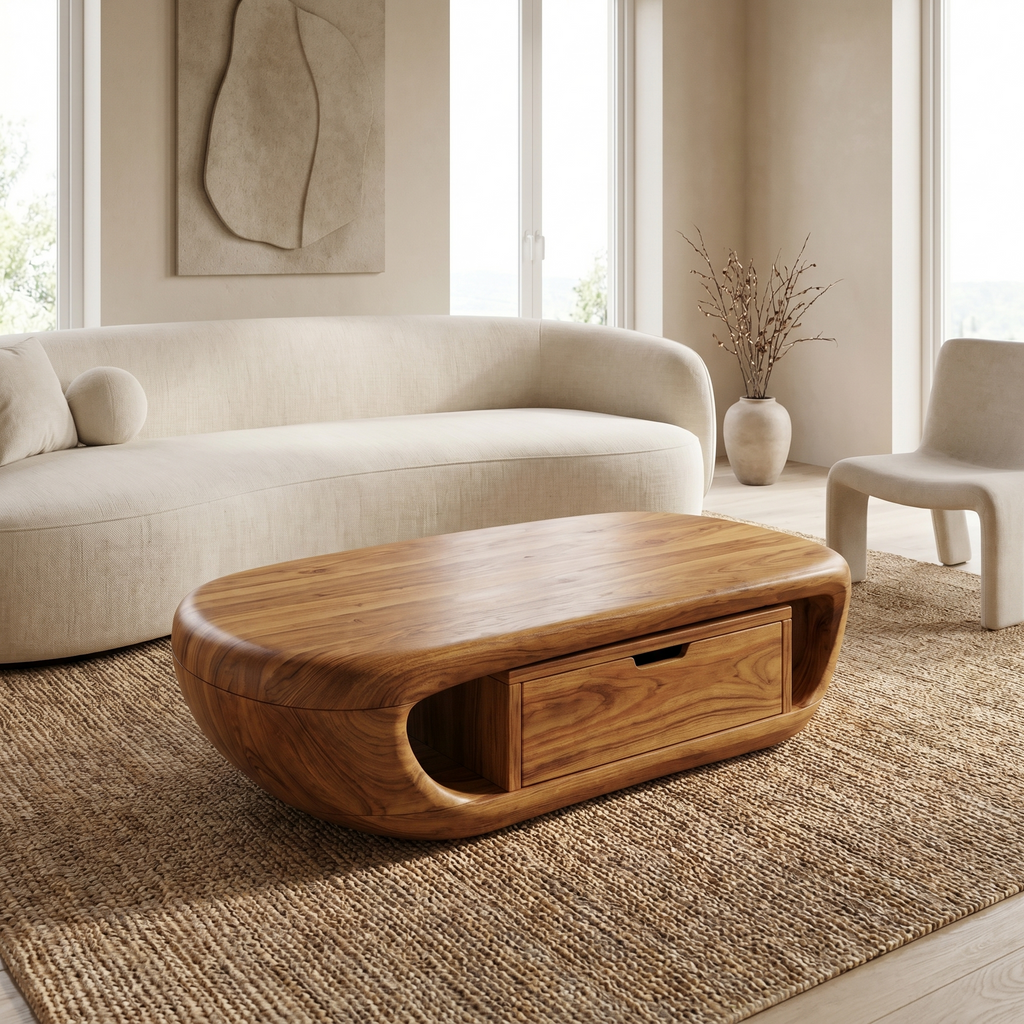 Modern Wood Coffee Table with Built-In Storage Shelf, Sleek Mid-Century Center Table for Living Room