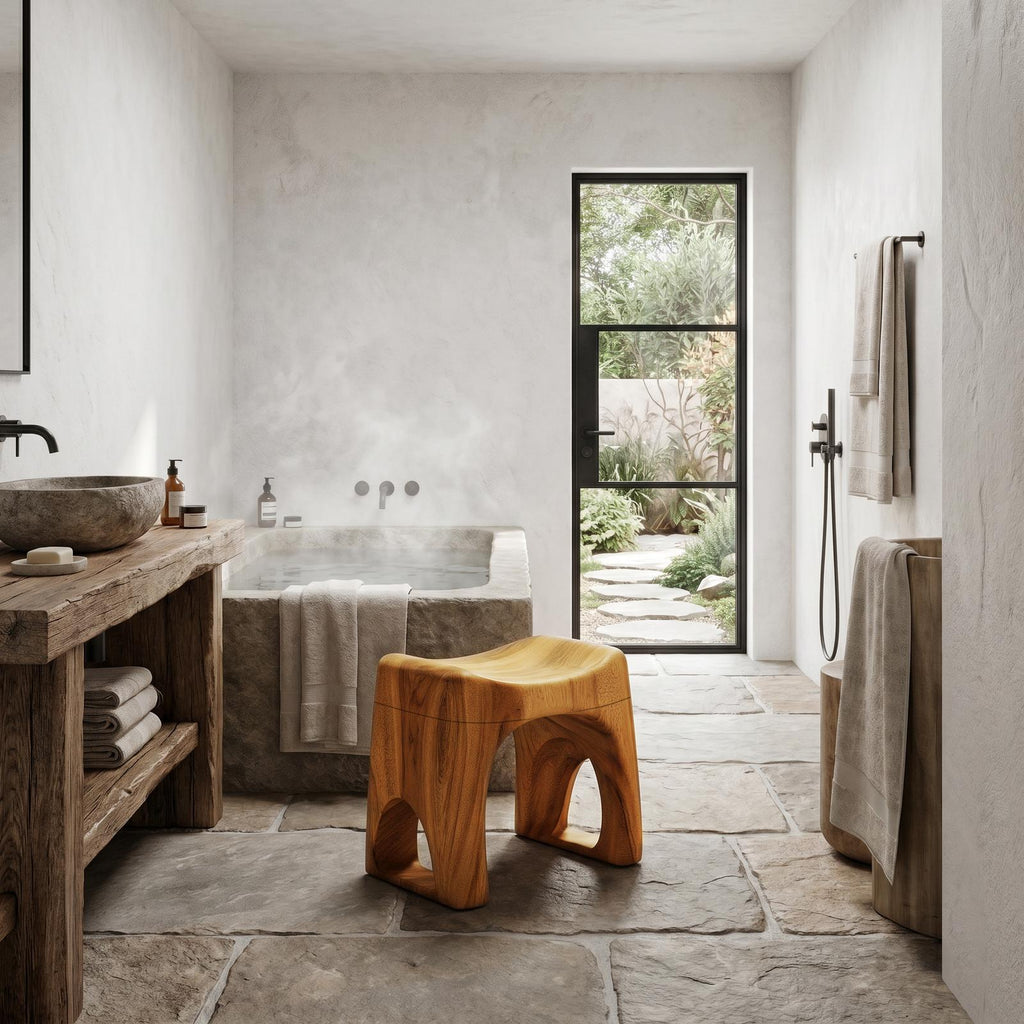Minimalist Solid Wood Bathroom Stool, Organic Waterproof Spa Shower Bench Seat for Luxury Bathroom Decor