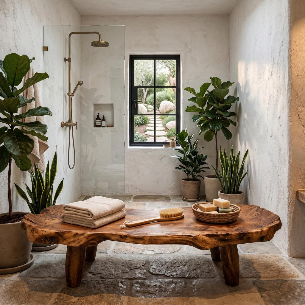 Organic Live Edge Solid Wood Shower Bench, Waterproof Spa Bath Seat Stool for Luxury Bathroom and Wet Room