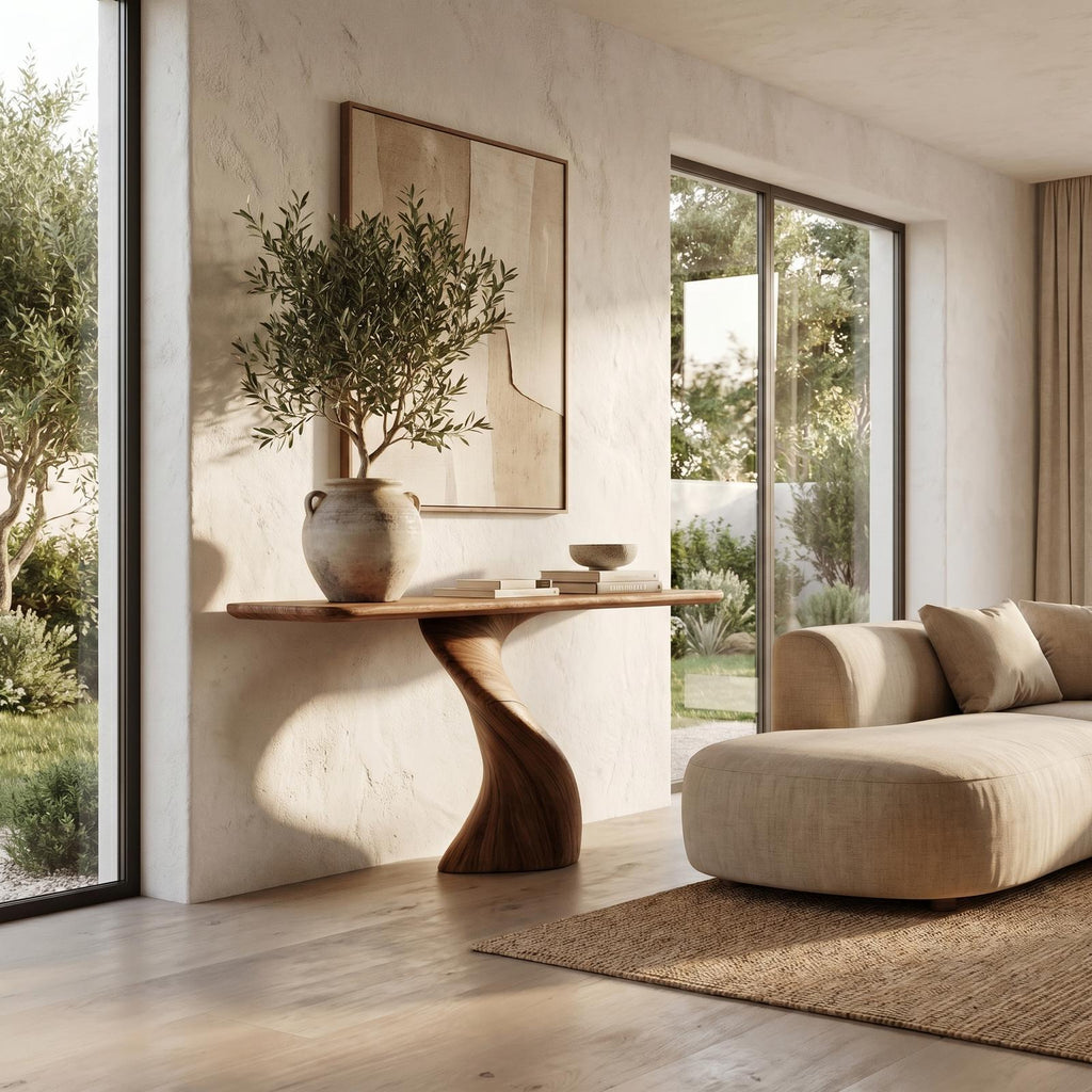 Modern Organic Console Table with Sculptural Twisted Solid Wood Base, Entryway Hallway Sofa Accent Table