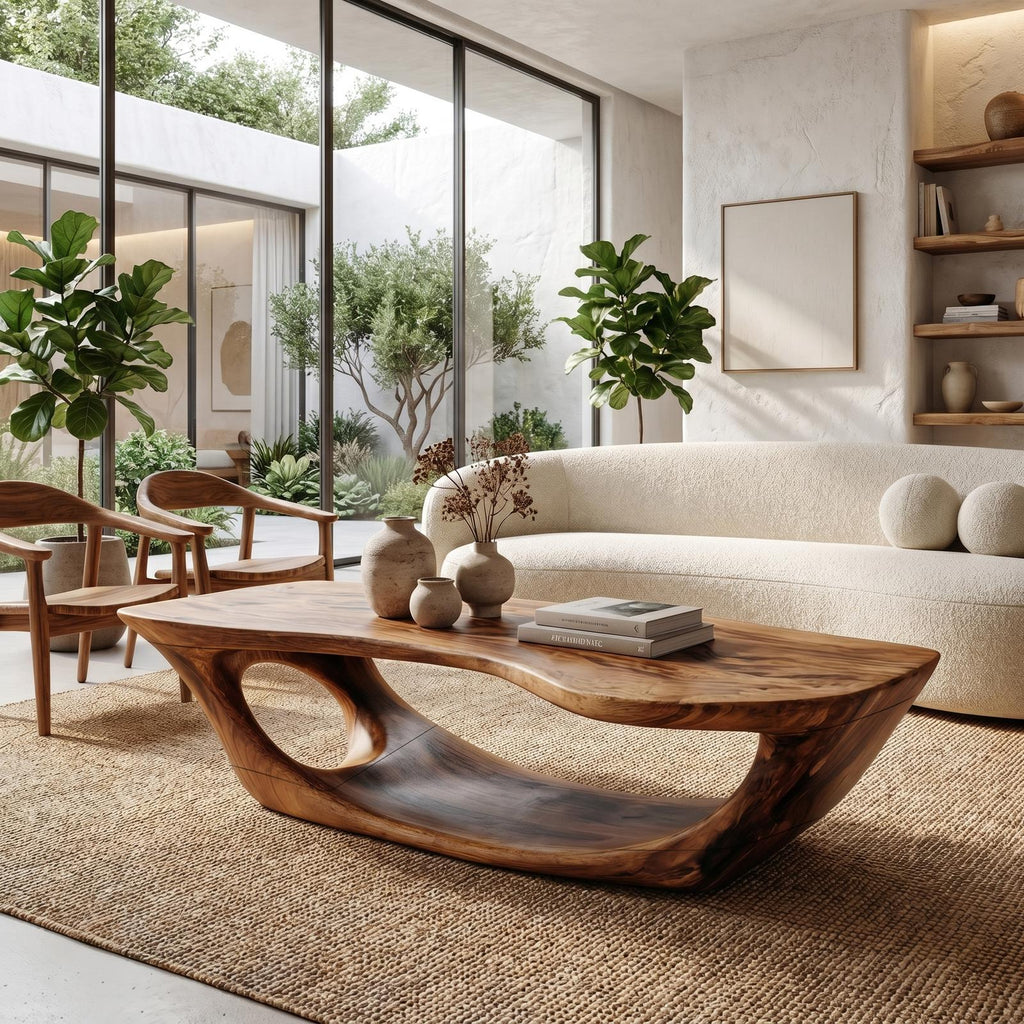 Wabi Sabi Solid Wood Coffee Table, Handcrafted Organic Wood Center Table for Rustic Living Room and Lounge