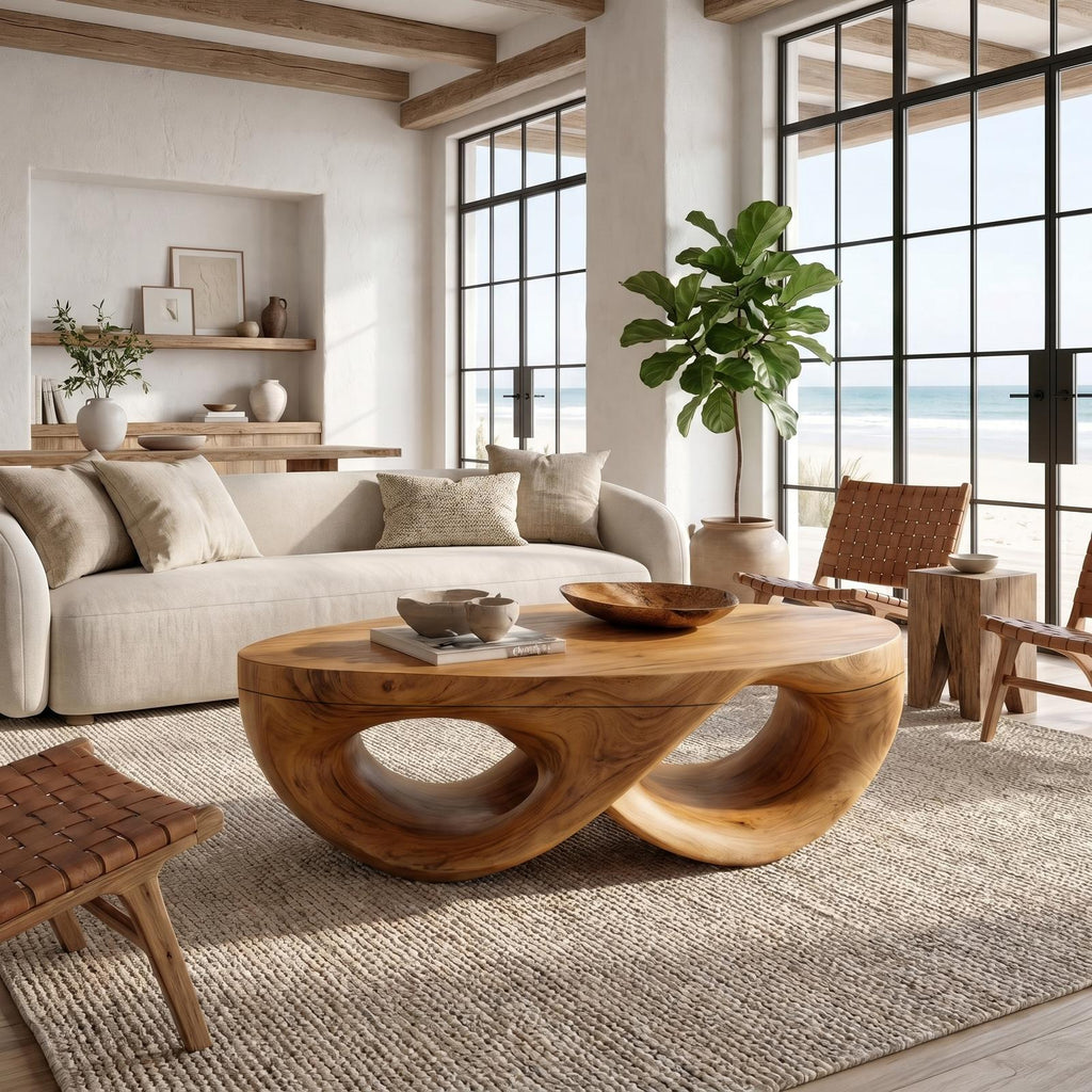 Organic Sculptural Solid Wood Coffee Table, Flowing Wood Center Table for Contemporary Living Room Lounge