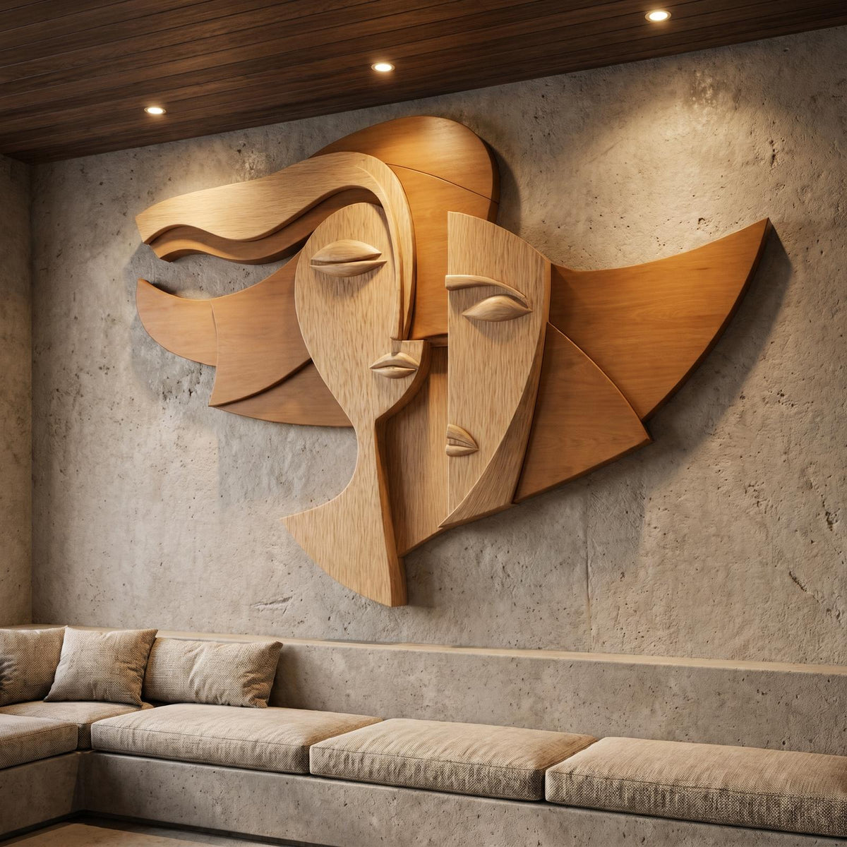 Spry Interior Cubism Style Face Wood Wall Decor Panel, Abstract Handcrafted Portrait Art Sculpture for Living Room Office, SINLHAWD070