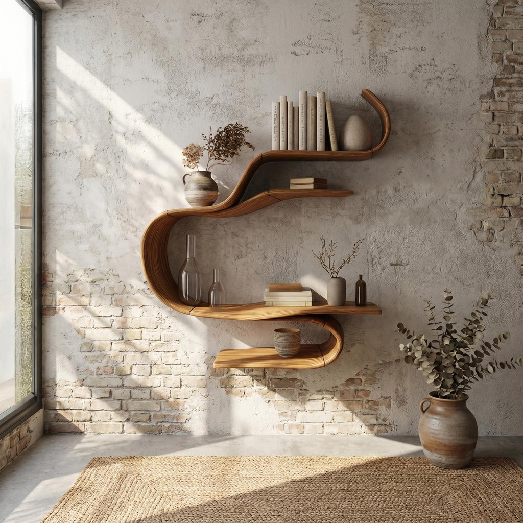Sculptural Curved Floating Wall Shelf, Modern Solid Wood Display Shelf for Living Room, Bedroom Decor