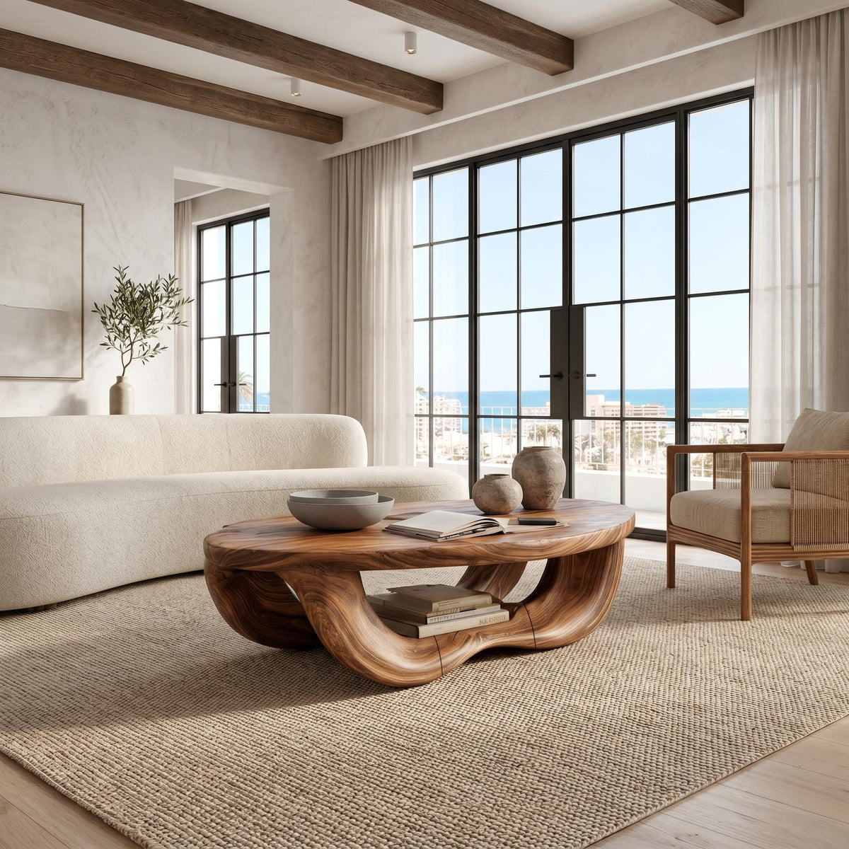 Modern Organic Coffee Table, Handcrafted Curved Solid Wood Center Table for Contemporary Living Room and Lounge