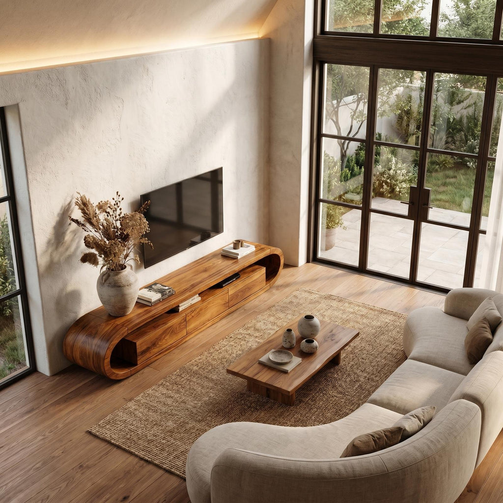 Organic TV Cabinet, Curved Solid Wood Media Console Table with Built-in Drawer Storage for Living Room