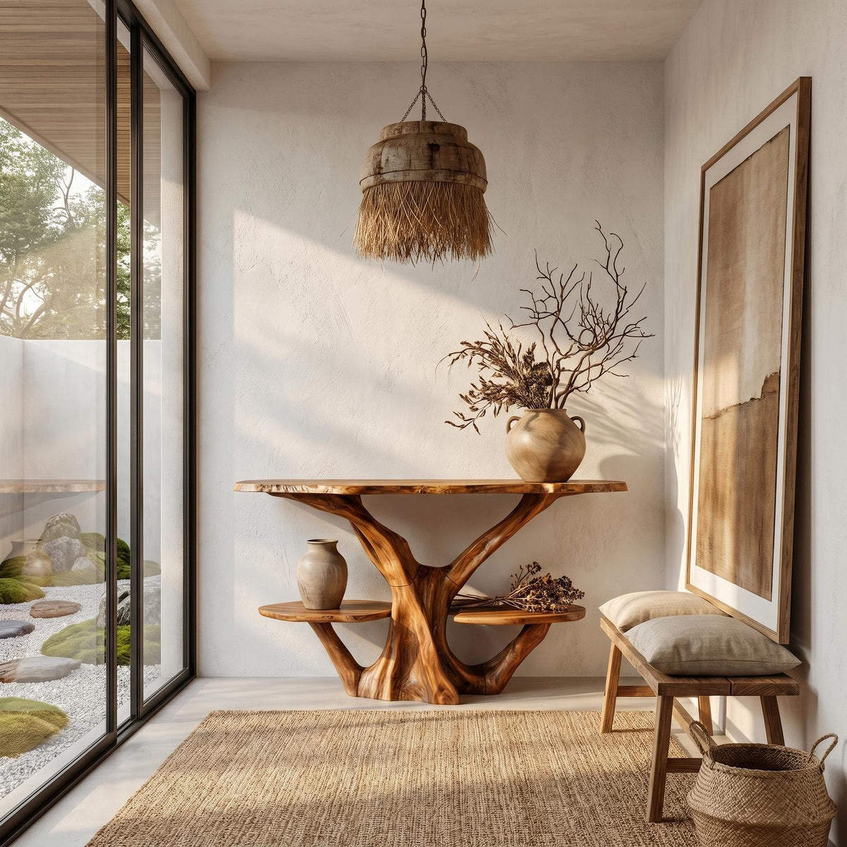 Organic Console Table, Natural Tree Branch Shaped Solid Wood Base Accent Table for Entryway Foyer & Living Room