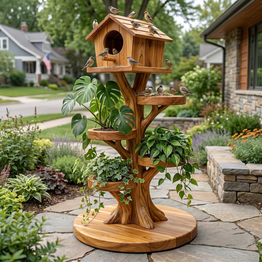 Rustic Tree Birdhouse With Built In Plant Stand For Garden SINLHAGD007