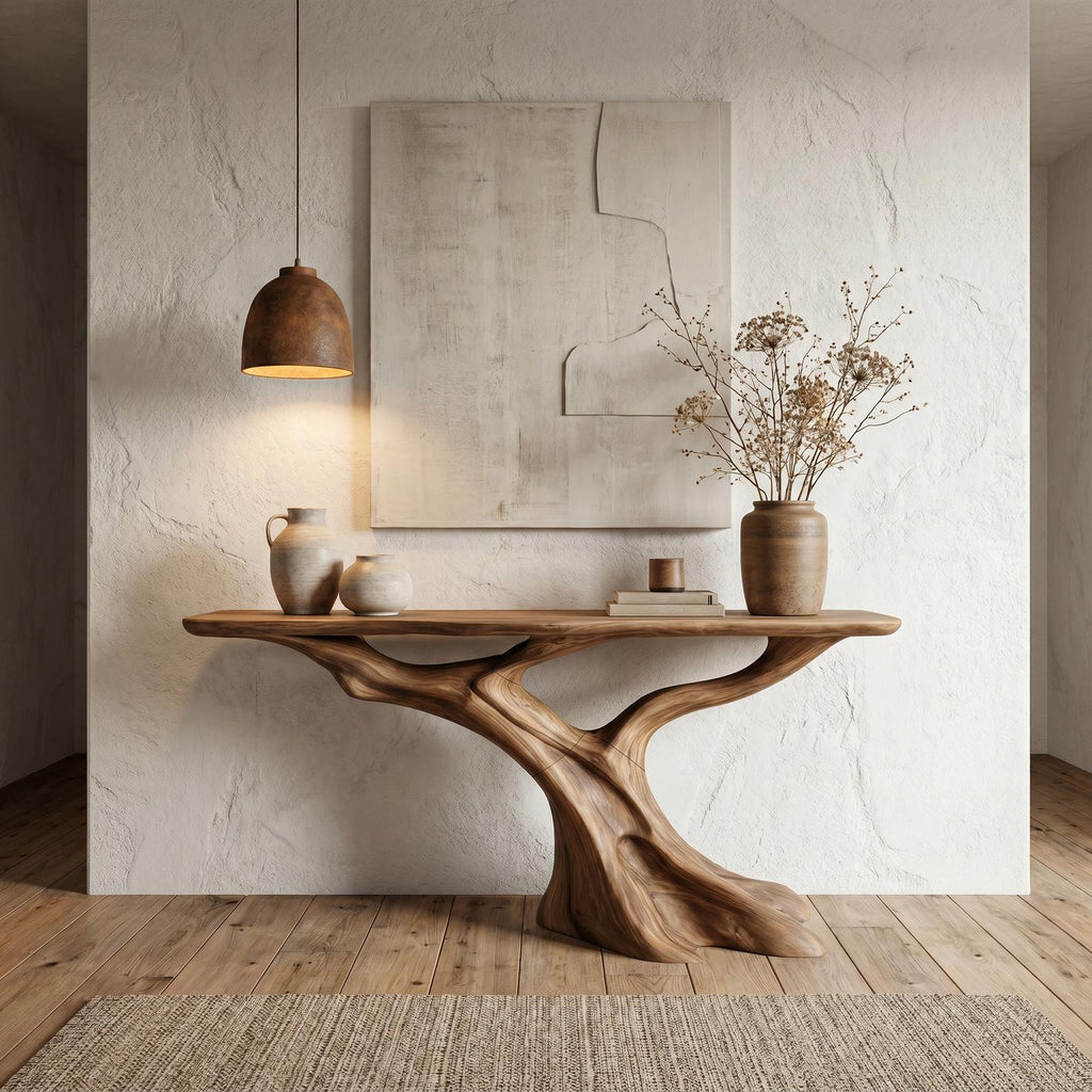 Nature Inspired Solid Wood Console Table with Tree Root Base, Rustic Live Edge Entryway Sofa Table for Living Room