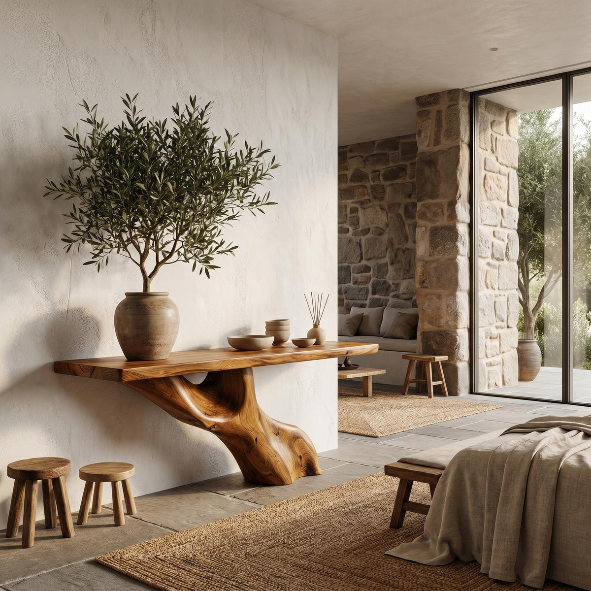 Tree Inspired Console Table, Rustic Live Edge Wood Top Slab with Natural Tree Root Base for Hallway & Foyer
