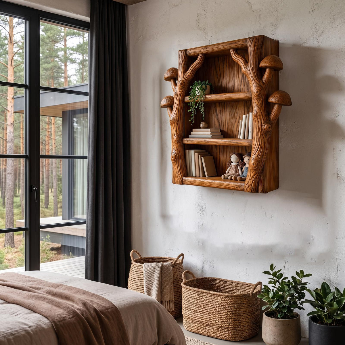 Modern Wall Bookshelf Handcrafted Tree Branch Design For Living Room