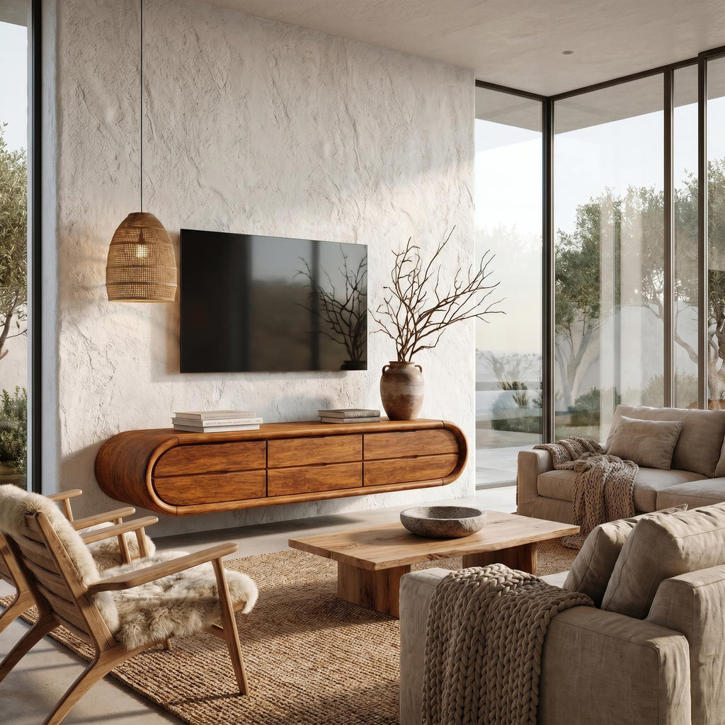 Organic Floating TV Cabinet, Sculptural Curved Solid Wood Wall Mounted Media Console Shelf for Living Room