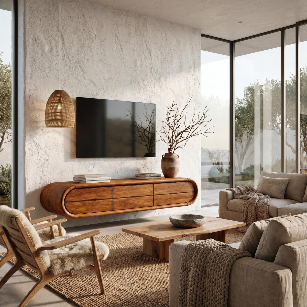 Organic Floating TV Cabinet, Sculptural Curved Solid Wood Wall Mounted Media Console Shelf for Living Room