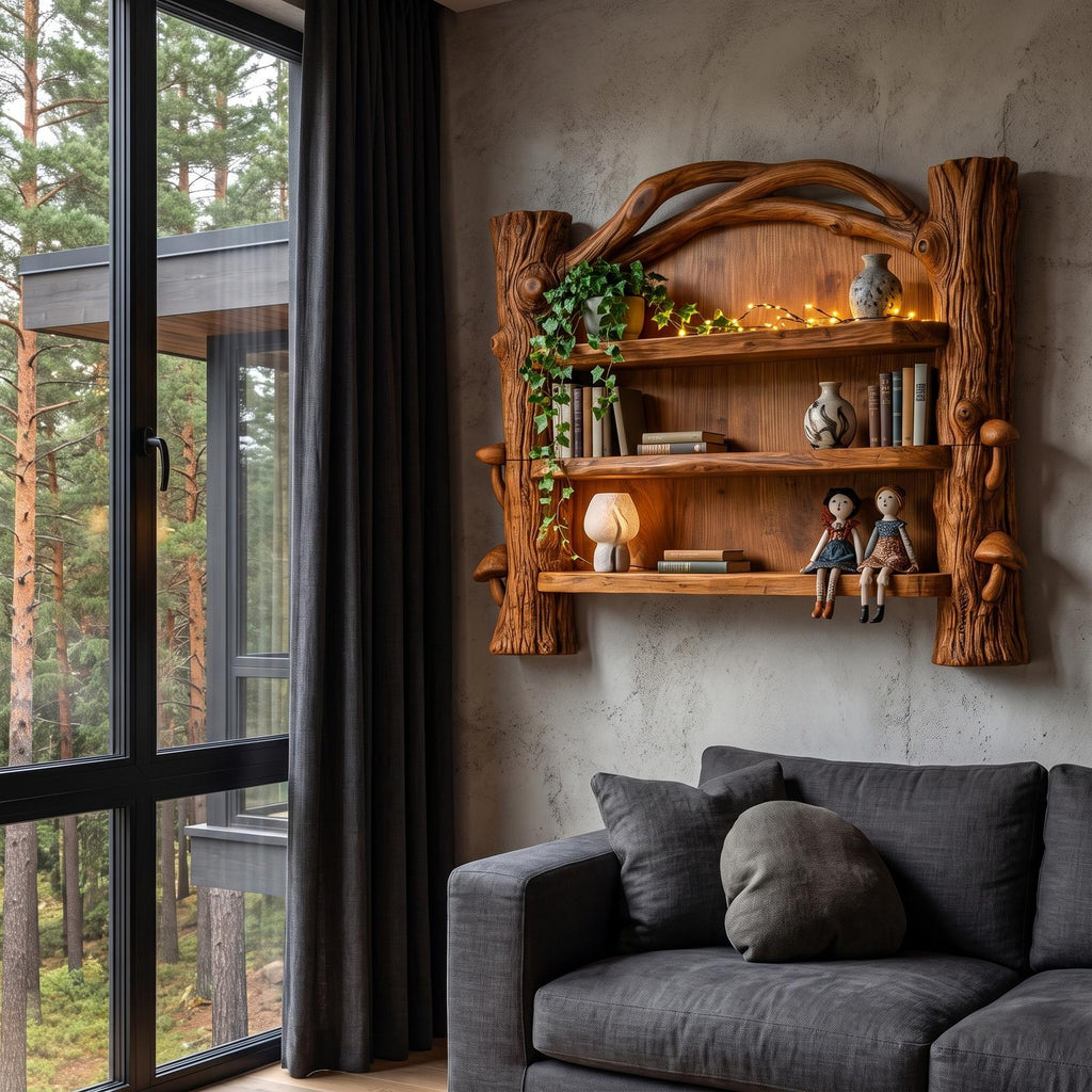 Sculptural Wall Bookshelf Handcrafted Organic Wood Shelves For Living Room