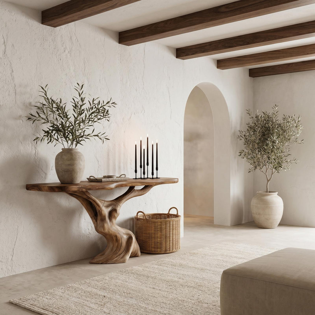 Rustic Organic Console Table, Sculptural Tree Wood Base Sofa Table for Entryway & Living Room