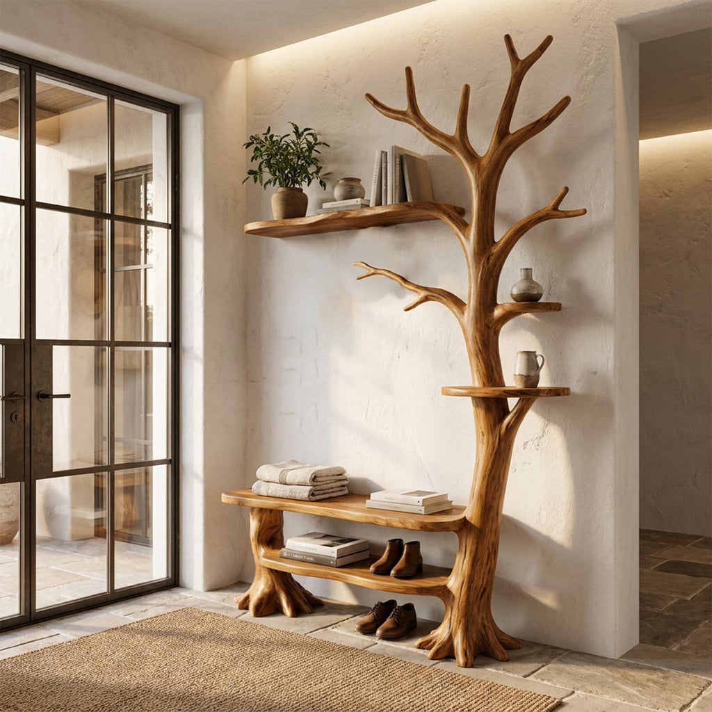 Rustic Tree Coat Rack with Integrated Bench and Floating Shelves, Wood Entryway Hall Tree