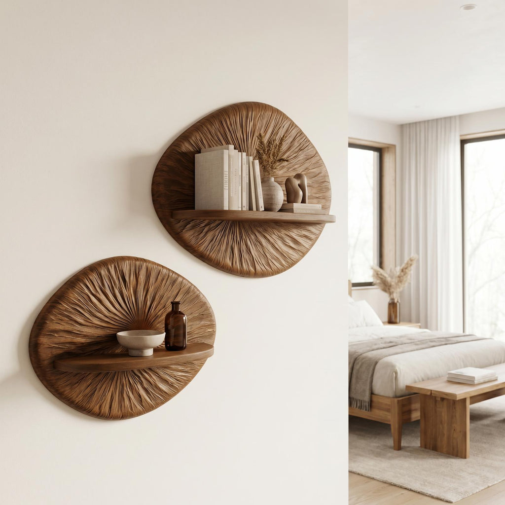 Round Sunburst Floating Wall Shelf, Decorative Handcrafted Solid Wood Display Ledge for Living Room