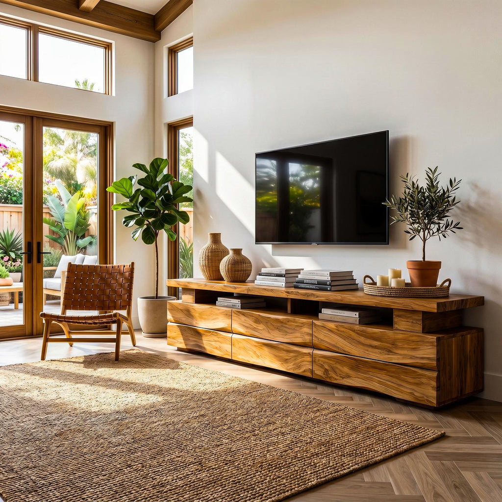 Rustic TV Cabinet with Wave Front Drawers & Open Storage Shelf, Solid Wood Media Entertainment Stand
