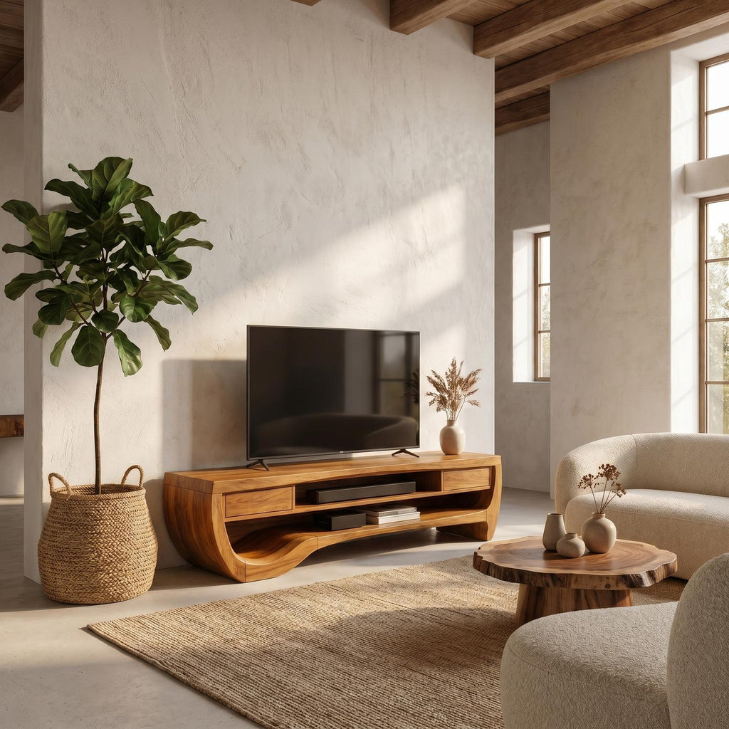 Organic TV Cabinet with Open Storage & Sculptural Curved Wood Design, Solid Wood Media Console TV Stand