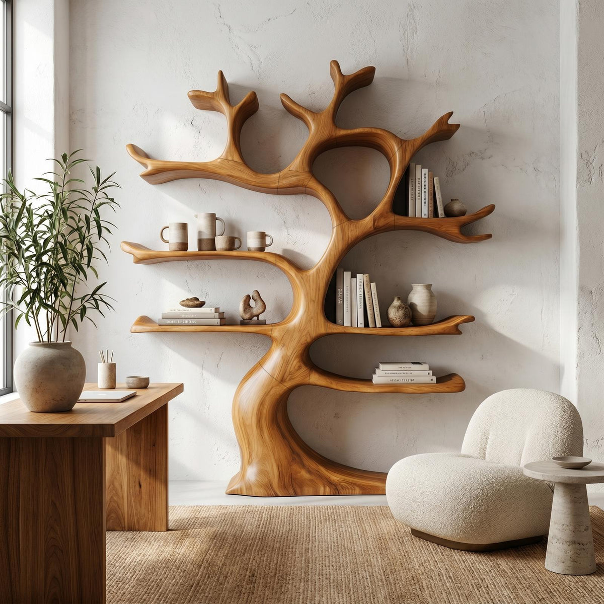 Organic Modern Tree Wall Shelf, Branch-Inspired Bookcase & Floating Storage Display