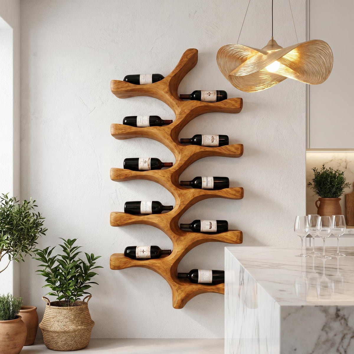 Organic Wall Mounted Wine Rack with Tree Branch Bottle Holders, Handcrafted Wood Wine Rack for Kitchen