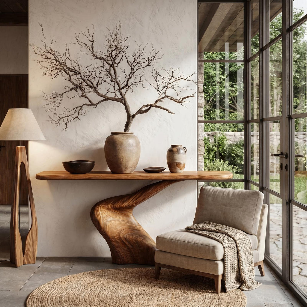 Organic Console Table with Sculptural Twisted Solid Wood Base for Entryway, Foyer & Living Room Accent, Natural