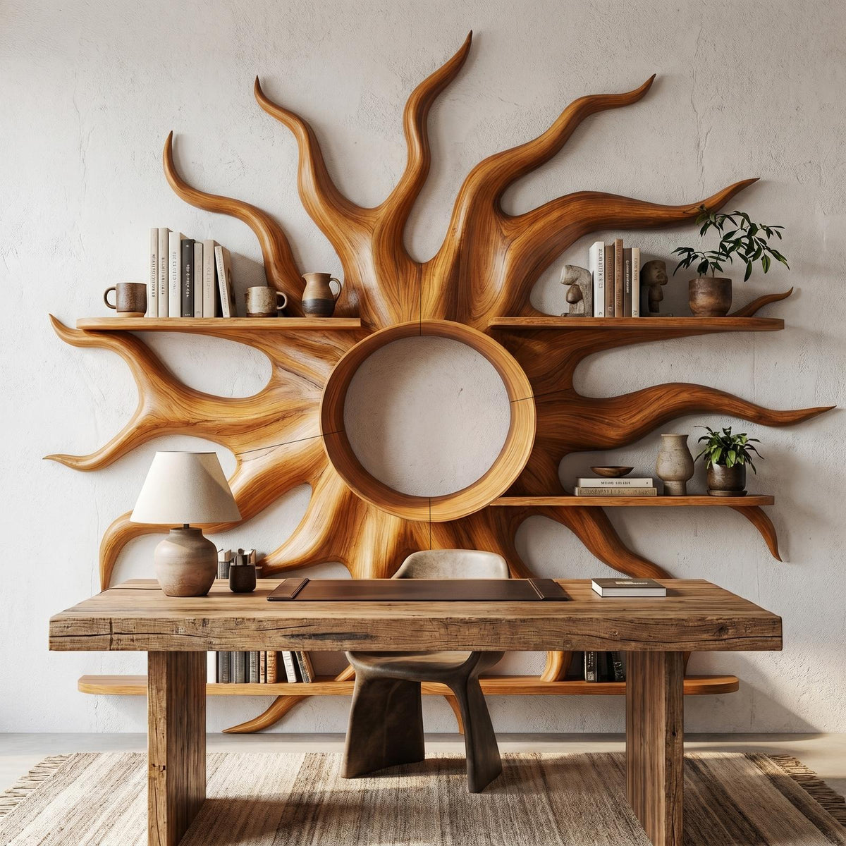 Sculptural Sun Wall Shelf, Floating Wooden Display Rack & Sunburst Wall Art Decor