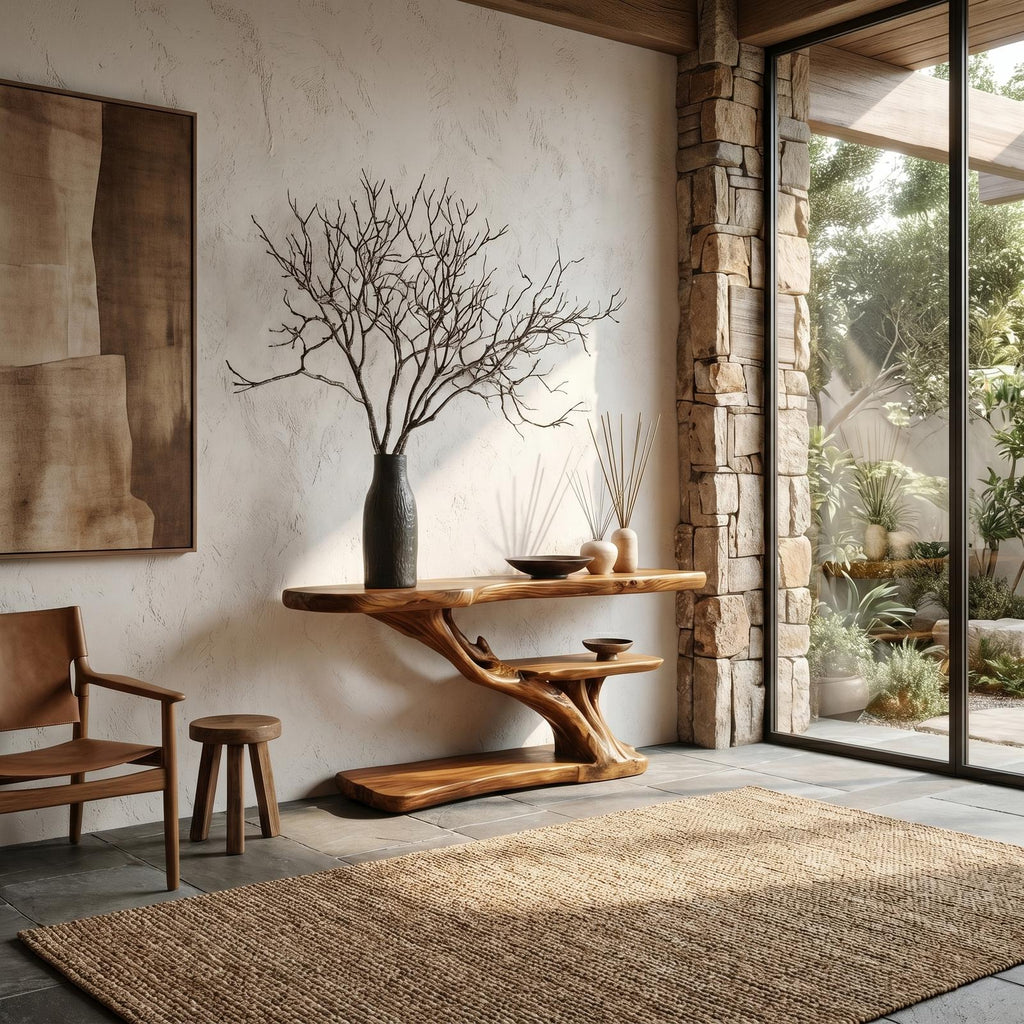 Organic Sculptural Console Table with Handcrafted Solid Wood Base for Entryway, Hallway, & Living Room Accent