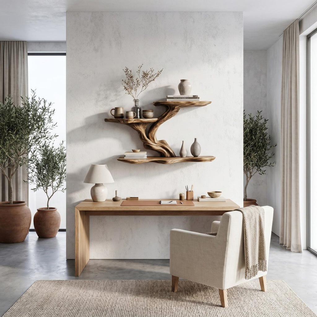 Organic Tree Branch Floating Shelf, Sculptural Wall Storage Solid Wood Ledge